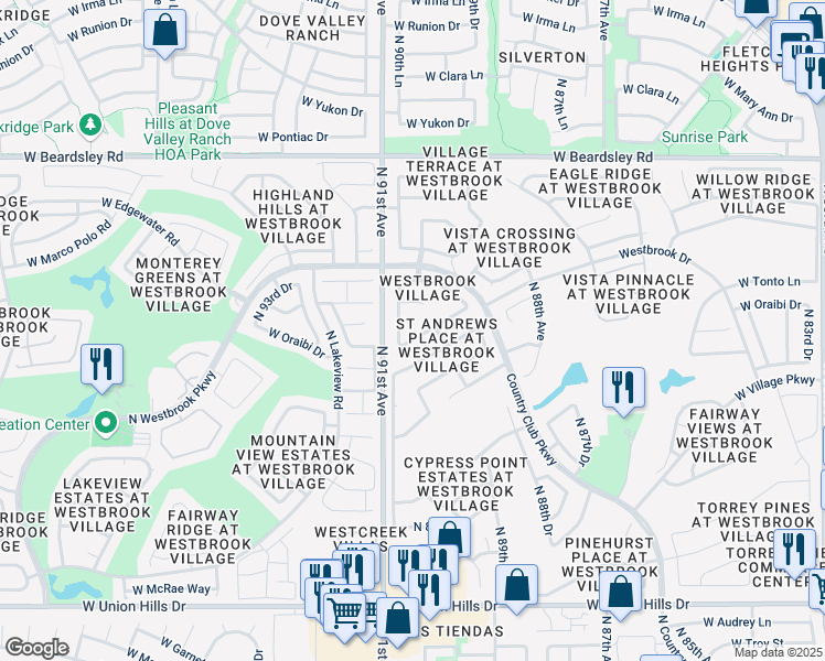 map of restaurants, bars, coffee shops, grocery stores, and more near 9028 West Sequoia Drive in Peoria