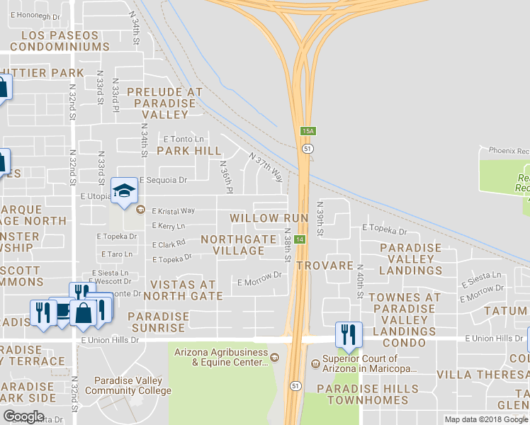 map of restaurants, bars, coffee shops, grocery stores, and more near 3727 E Kristal Way in Phoenix