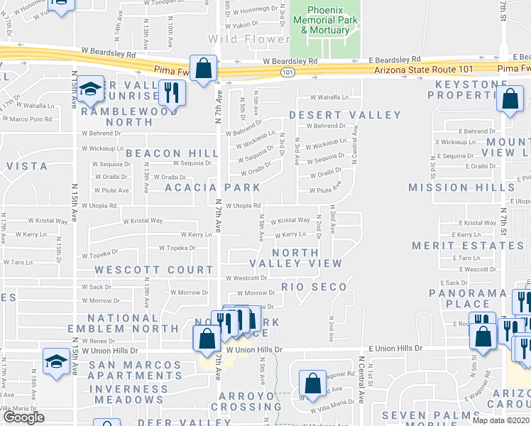 map of restaurants, bars, coffee shops, grocery stores, and more near 19237 North 5th Avenue in Phoenix
