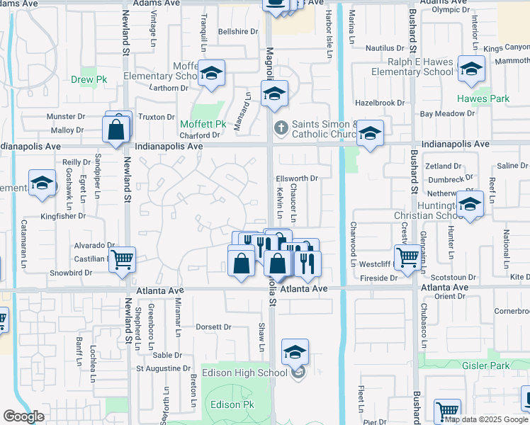 map of restaurants, bars, coffee shops, grocery stores, and more near 8932 Biscayne Court in Huntington Beach