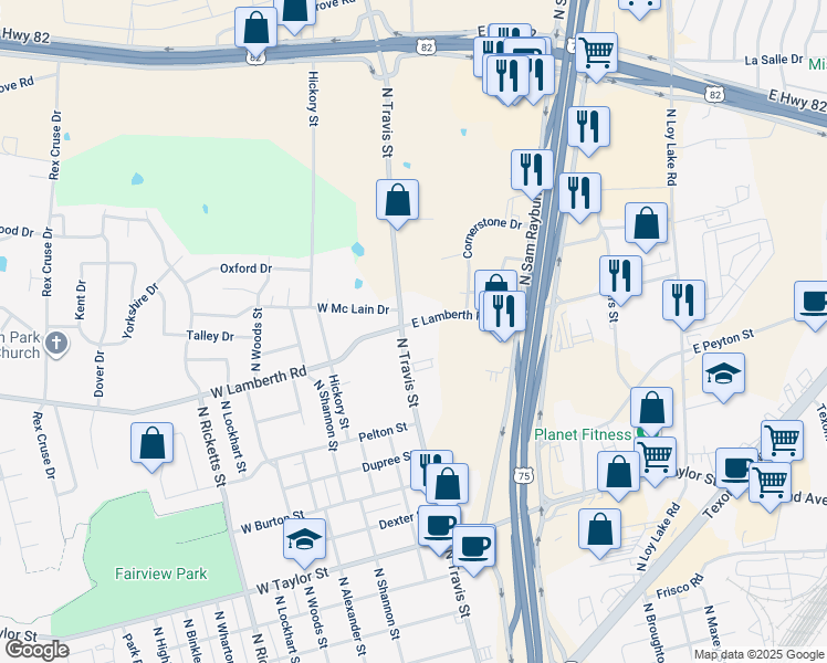 map of restaurants, bars, coffee shops, grocery stores, and more near 2521 North Travis Street in Sherman
