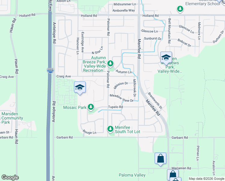 map of restaurants, bars, coffee shops, grocery stores, and more near 28536 Mission Drive in Menifee