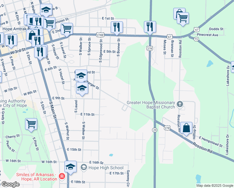 map of restaurants, bars, coffee shops, grocery stores, and more near 808 South Bonner Street in Hope