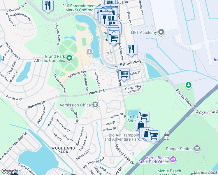 map of restaurants, bars, coffee shops, grocery stores, and more near 3538 Pampas Drive in Myrtle Beach