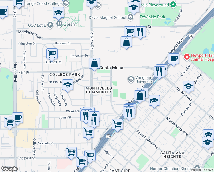 map of restaurants, bars, coffee shops, grocery stores, and more near 2408 Minuteman Way in Costa Mesa