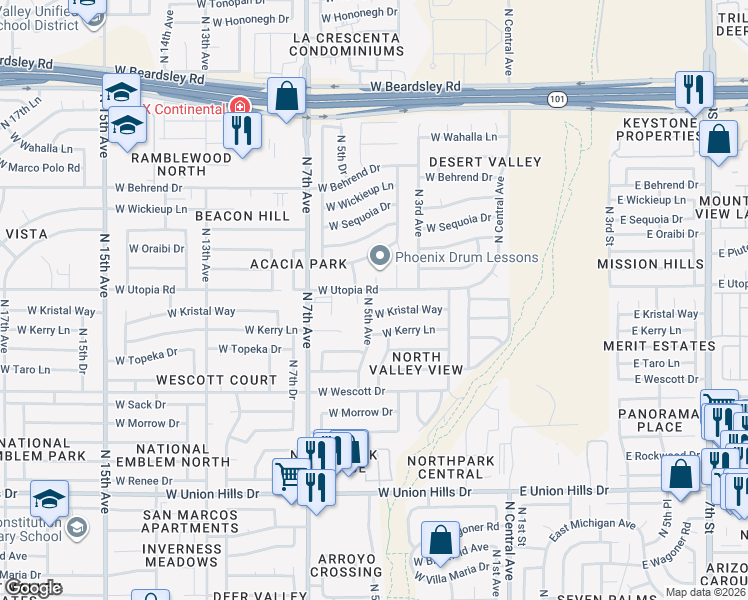 map of restaurants, bars, coffee shops, grocery stores, and more near 19237 North 5th Avenue in Phoenix
