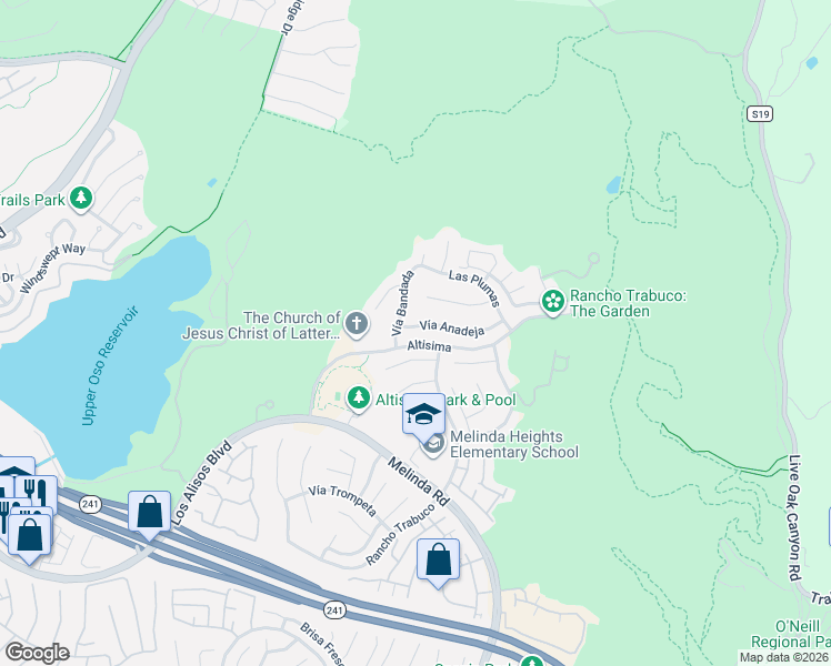 map of restaurants, bars, coffee shops, grocery stores, and more near 10 Vía Anadeja in Rancho Santa Margarita