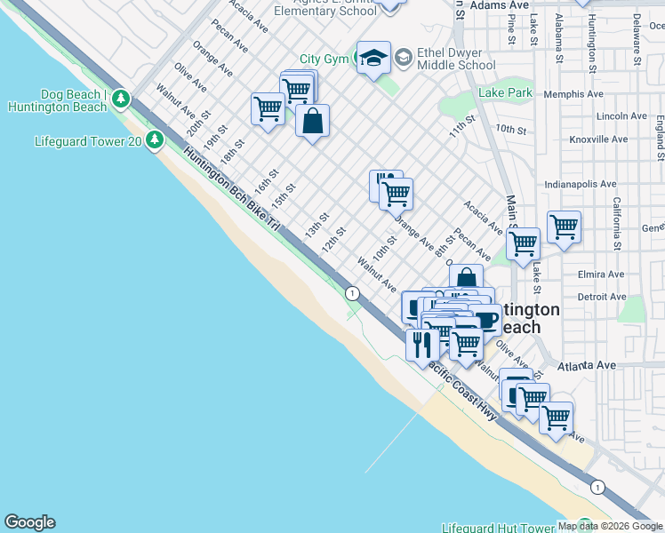 map of restaurants, bars, coffee shops, grocery stores, and more near 1102 Pacific Coast Highway in Huntington Beach