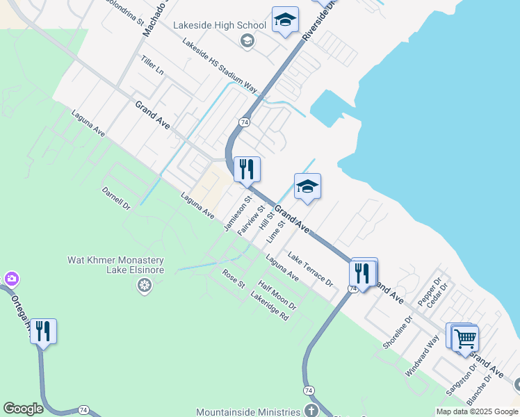 map of restaurants, bars, coffee shops, grocery stores, and more near 33033 Fairview Street in Lake Elsinore