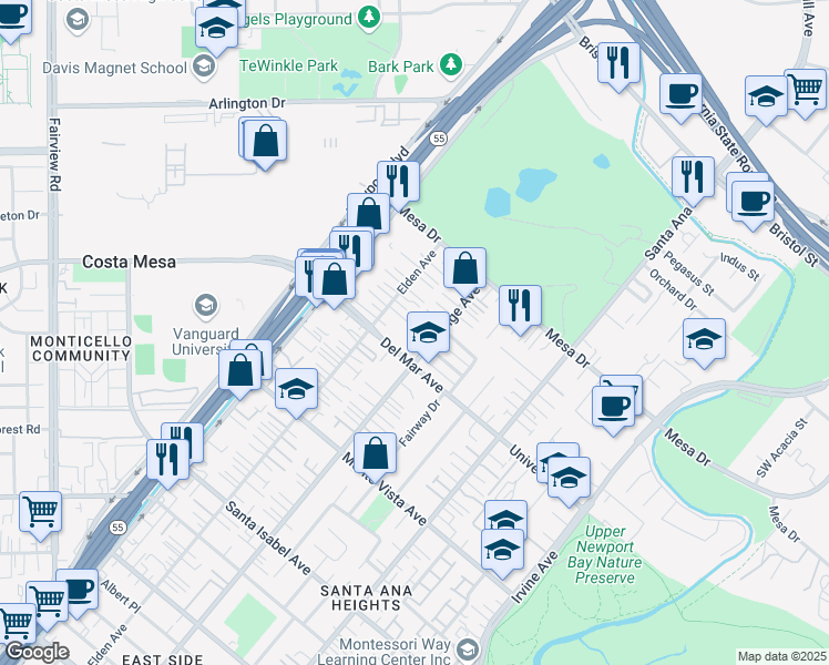 map of restaurants, bars, coffee shops, grocery stores, and more near 2619 Orange Avenue in Costa Mesa
