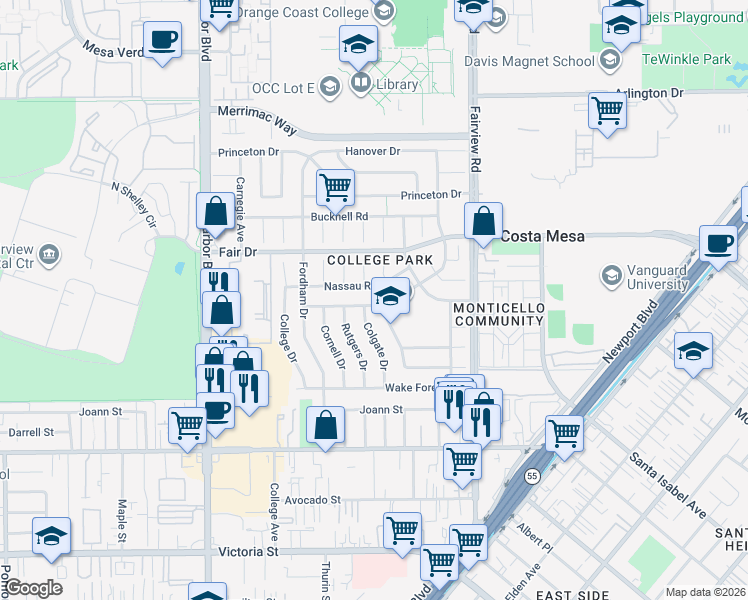 map of restaurants, bars, coffee shops, grocery stores, and more near 292 Villanova Road in Costa Mesa