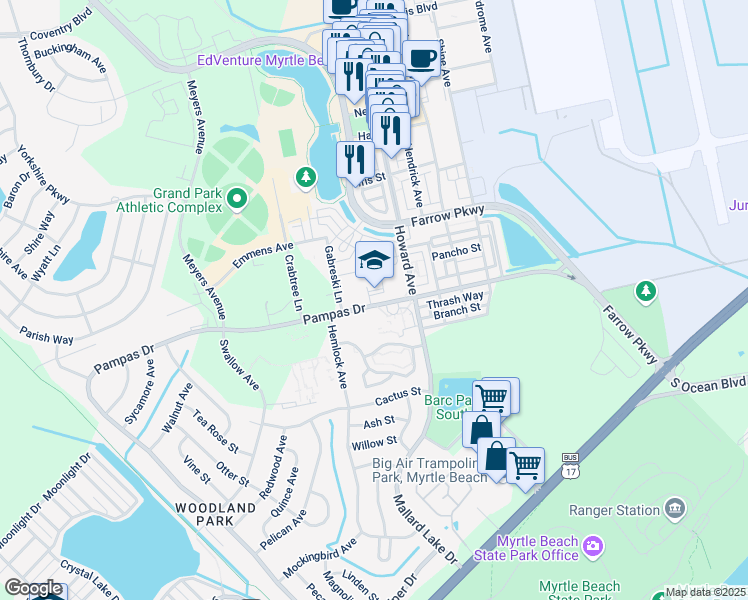 map of restaurants, bars, coffee shops, grocery stores, and more near 3538 Pampas Drive in Myrtle Beach