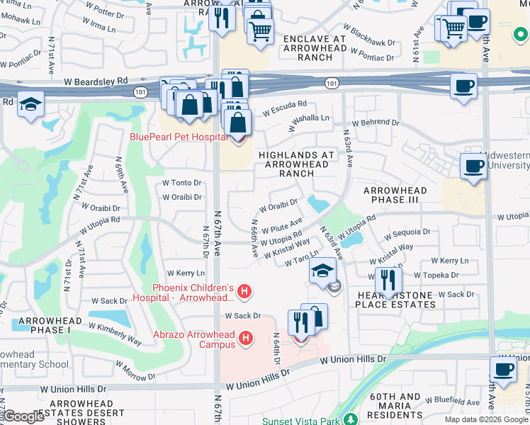 map of restaurants, bars, coffee shops, grocery stores, and more near 6585 West Oraibi Drive in Glendale