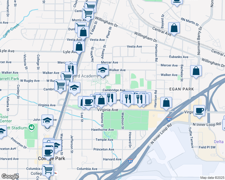 map of restaurants, bars, coffee shops, grocery stores, and more near 3361 Myrtle Street in College Park