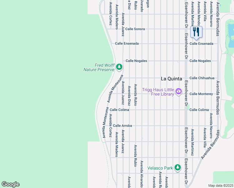 map of restaurants, bars, coffee shops, grocery stores, and more near Avenue Madero in La Quinta