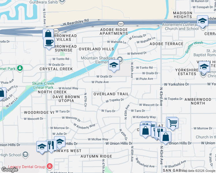 map of restaurants, bars, coffee shops, grocery stores, and more near 4526 West Kristal Drive in Glendale