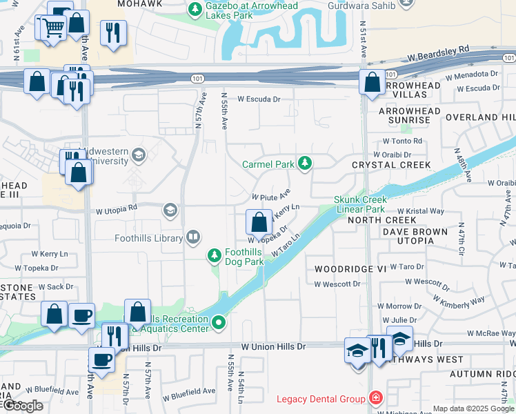 map of restaurants, bars, coffee shops, grocery stores, and more near 19280 North 54th Avenue in Glendale
