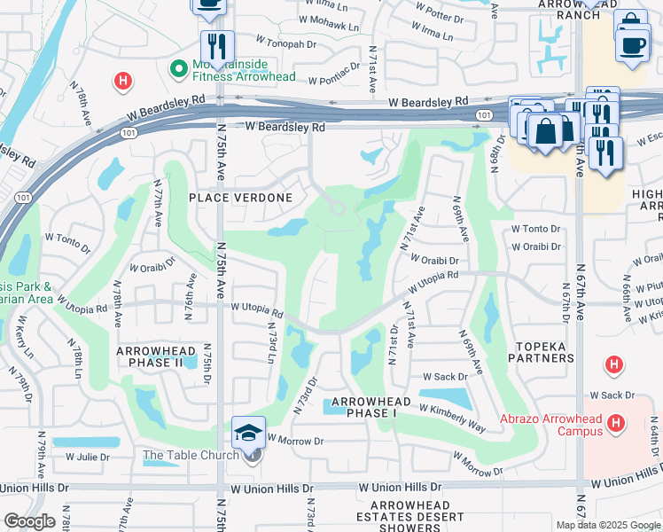 map of restaurants, bars, coffee shops, grocery stores, and more near 19629 North 73rd Avenue in Glendale