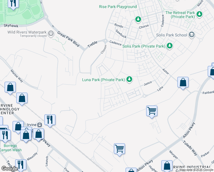 map of restaurants, bars, coffee shops, grocery stores, and more near Z St in Irvine