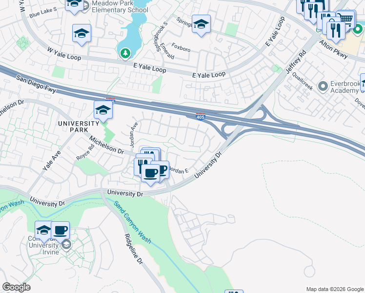 map of restaurants, bars, coffee shops, grocery stores, and more near 17305 Rosewood in Irvine