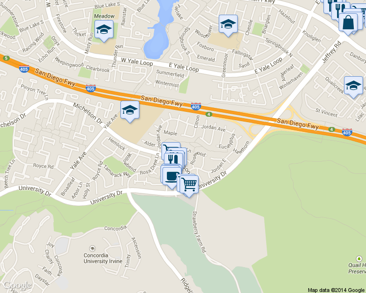 map of restaurants, bars, coffee shops, grocery stores, and more near 5251 Thorn Tree Lane in Irvine
