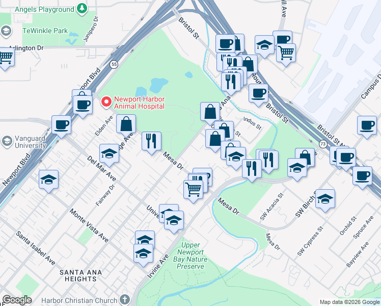 map of restaurants, bars, coffee shops, grocery stores, and more near 20432 Santa Ana Avenue in Newport Beach