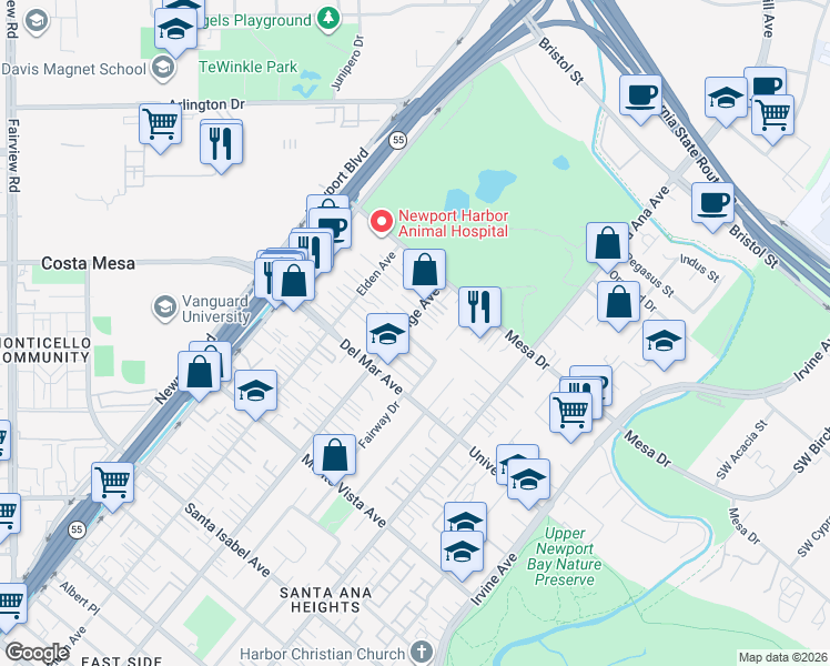 map of restaurants, bars, coffee shops, grocery stores, and more near 201 Fairway Place in Costa Mesa