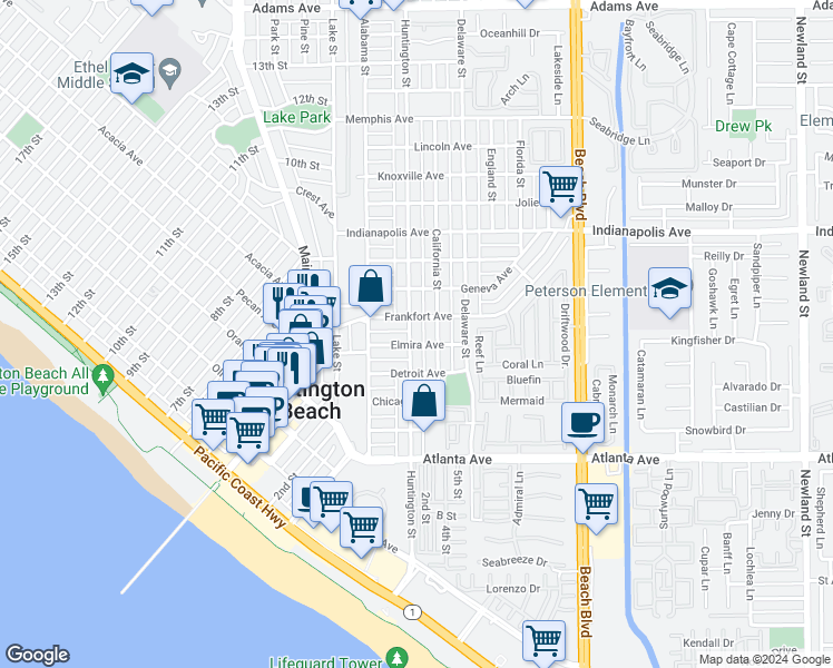 map of restaurants, bars, coffee shops, grocery stores, and more near 504 Huntington Street in Huntington Beach