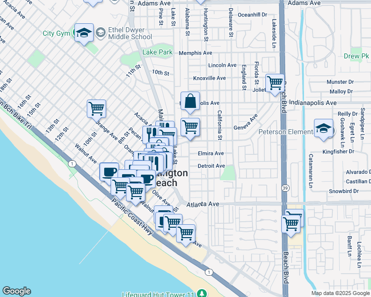 map of restaurants, bars, coffee shops, grocery stores, and more near 514 Lake Street in Huntington Beach