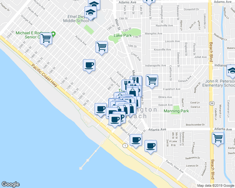 map of restaurants, bars, coffee shops, grocery stores, and more near 415 6th Street in Huntington Beach