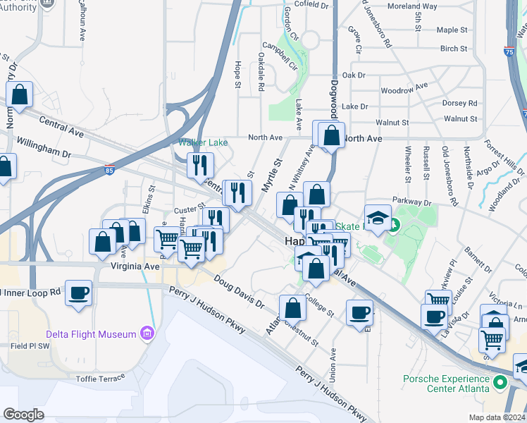 map of restaurants, bars, coffee shops, grocery stores, and more near 725 North Central Avenue in Hapeville