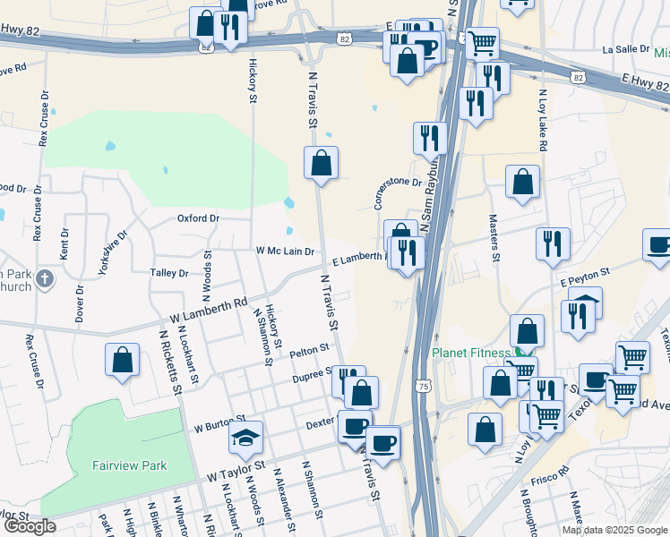 map of restaurants, bars, coffee shops, grocery stores, and more near 2521 North Travis Street in Sherman