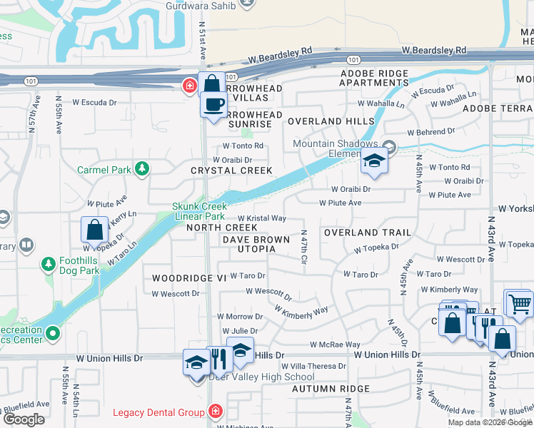 map of restaurants, bars, coffee shops, grocery stores, and more near 4832 West Kristal Way in Glendale