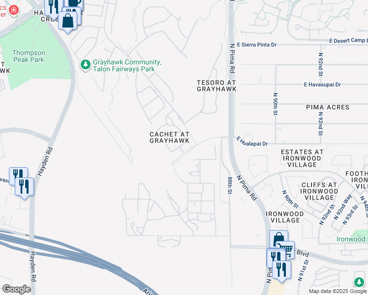 map of restaurants, bars, coffee shops, grocery stores, and more near East Hualapai Drive in Scottsdale