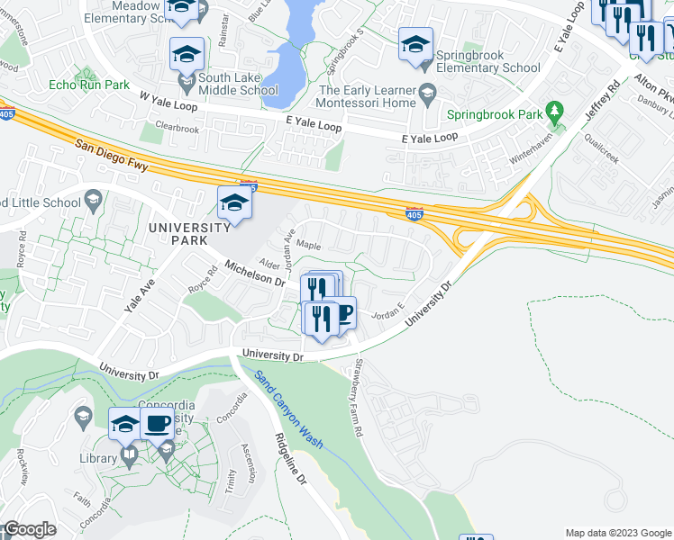 map of restaurants, bars, coffee shops, grocery stores, and more near 5251 Thorn Tree Lane in Irvine