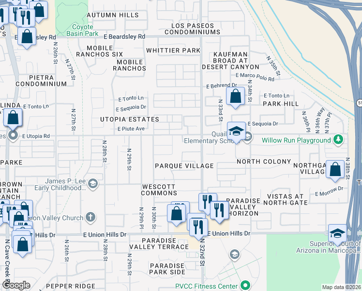 map of restaurants, bars, coffee shops, grocery stores, and more near 3101 E Kristal Way in Phoenix
