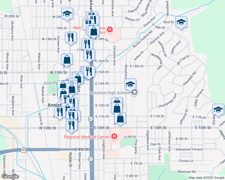 map of restaurants, bars, coffee shops, grocery stores, and more near 1308 Christine Avenue in Anniston