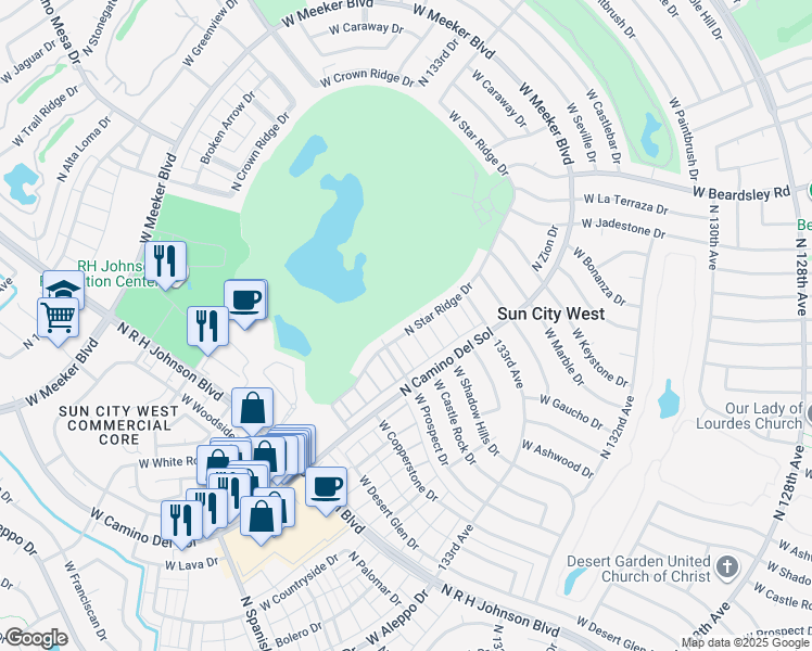 map of restaurants, bars, coffee shops, grocery stores, and more near 19458 North Star Ridge Drive in Sun City West