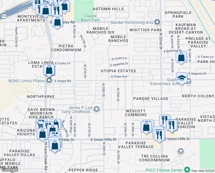 map of restaurants, bars, coffee shops, grocery stores, and more near 19305 North 28th Street in Phoenix