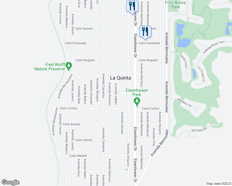 map of restaurants, bars, coffee shops, grocery stores, and more near Avenida Vallejo & Calle Monterey in La Quinta
