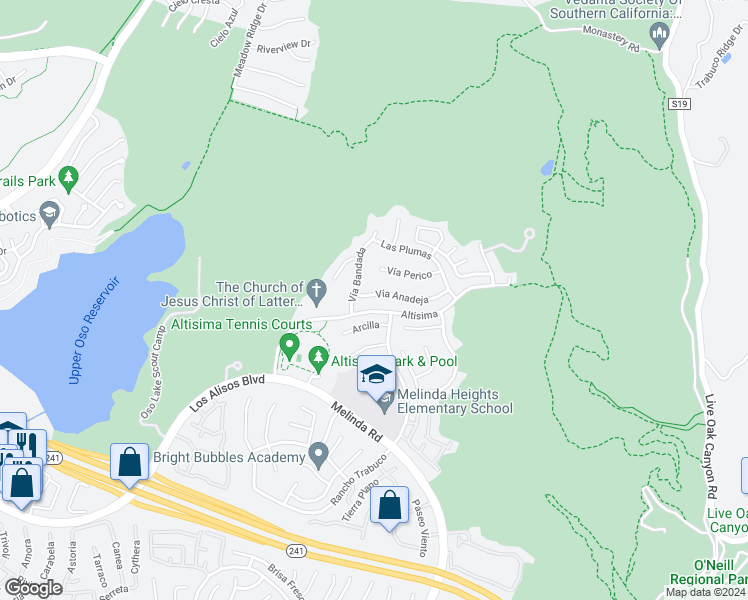 map of restaurants, bars, coffee shops, grocery stores, and more near 10 Vía Anadeja in Rancho Santa Margarita