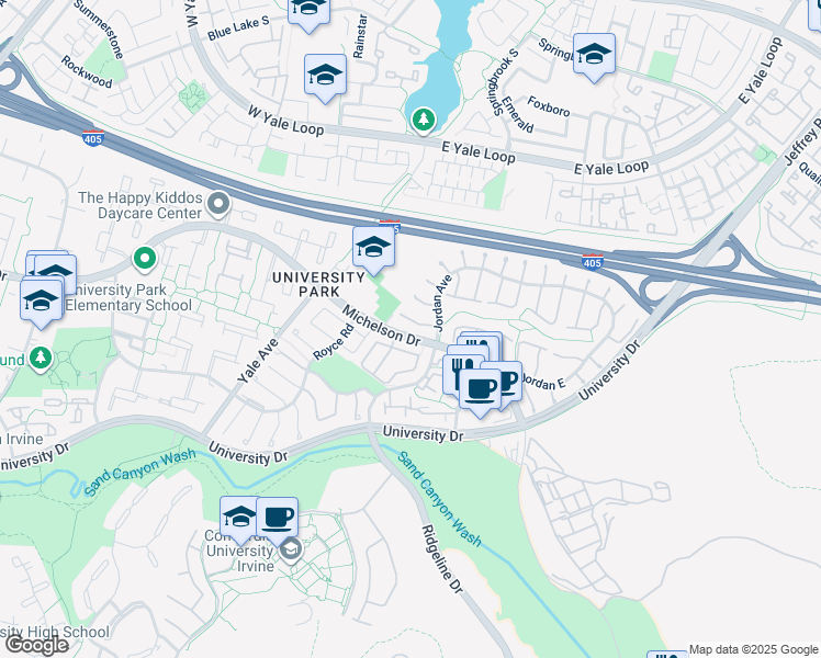 map of restaurants, bars, coffee shops, grocery stores, and more near 5106 Alder in Irvine