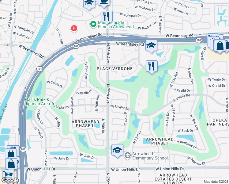 map of restaurants, bars, coffee shops, grocery stores, and more near 7425 West Oraibi Drive in Glendale