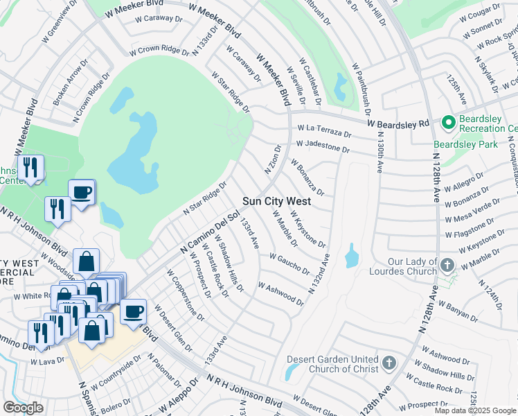 map of restaurants, bars, coffee shops, grocery stores, and more near 13248 West Bellwood Drive in Sun City West