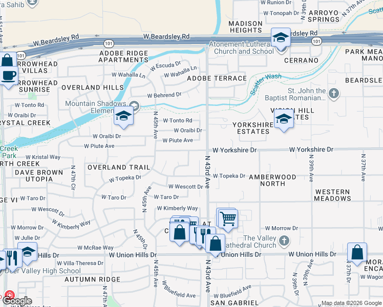 map of restaurants, bars, coffee shops, grocery stores, and more near 4331 West Yorkshire Drive in Glendale
