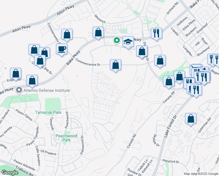 map of restaurants, bars, coffee shops, grocery stores, and more near 323 Adela in Lake Forest