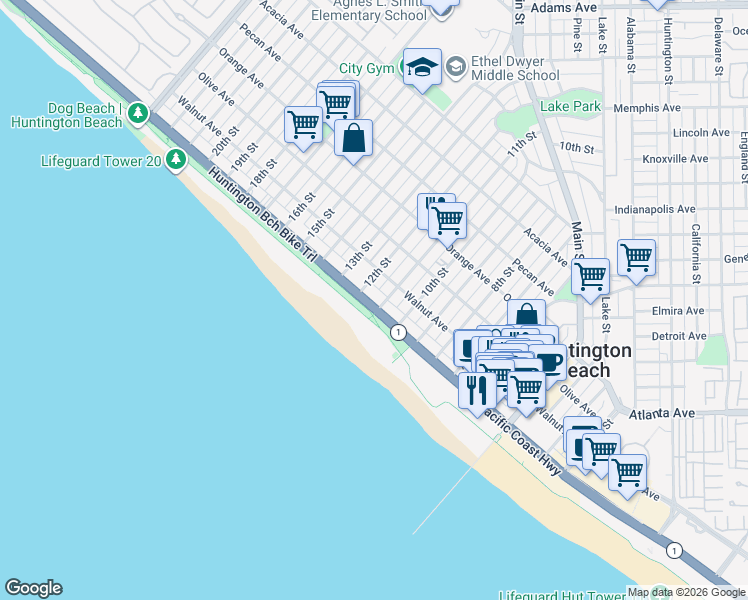 map of restaurants, bars, coffee shops, grocery stores, and more near 1102 Pacific Coast Highway in Huntington Beach