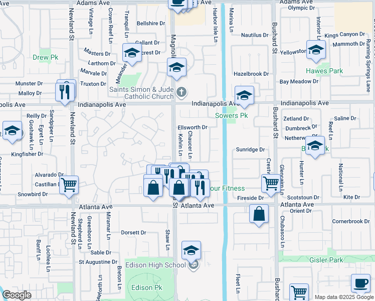 map of restaurants, bars, coffee shops, grocery stores, and more near 20732 Kelvin Lane in Huntington Beach