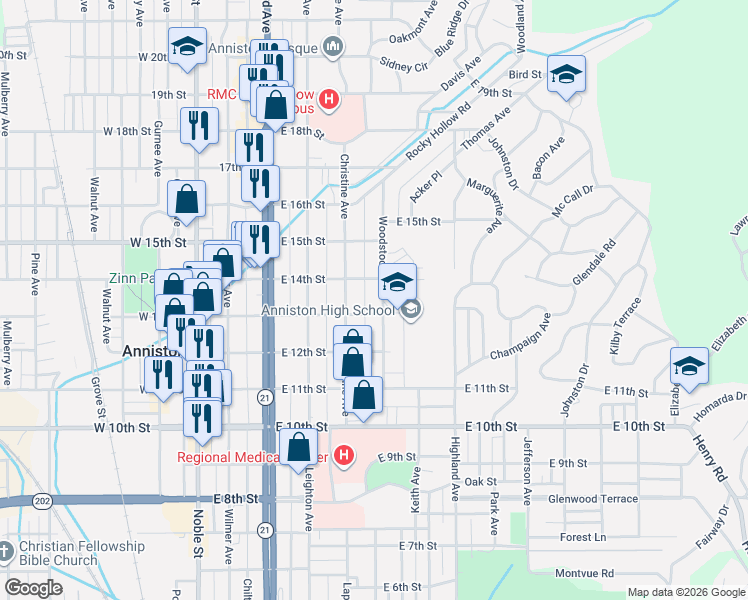 map of restaurants, bars, coffee shops, grocery stores, and more near 419 East 13th Street in Anniston