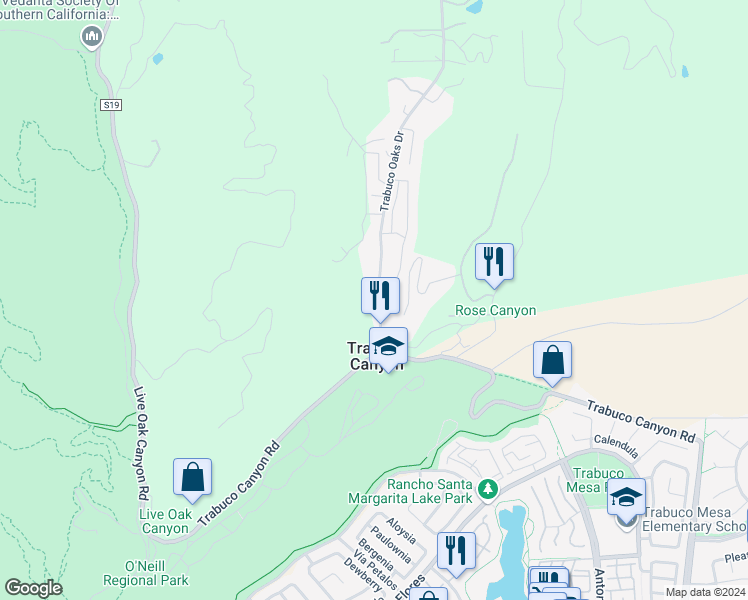 map of restaurants, bars, coffee shops, grocery stores, and more near 20701 Trabuco Oaks Drive in Trabuco Canyon